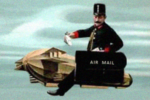 gemalte Postkarte: Briefträger sitzt mit Posttasche auf Fluggerät in der Luft - 1911