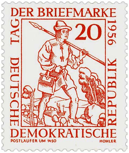 Briefmarke: Postläufer mit Spieß über Schulter - um 1450