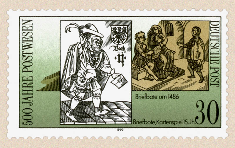 DBP-Briefmarke (1990): Both im 15. Jh + Briefbote um 1486
