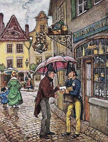 Pastellzeichnung: Postbote übergibt in verregneter Gasse Mann unter Schirm einen Brief - 1830