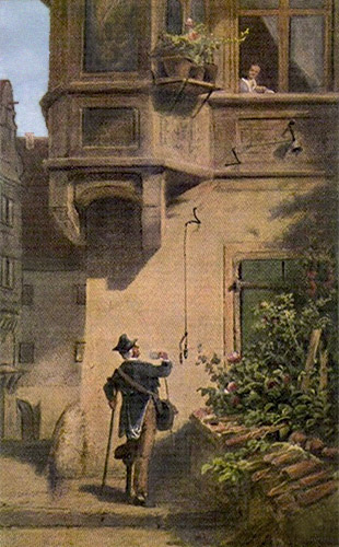Gemälde: Postbote mit Holzbein und Gehstock winkt mit Brief Frau am Fenster in erster Etage zu - 1850