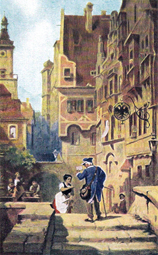 Gemälde: Frau läuft in Gasse Briefboten entgegen - 1850
