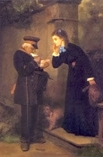 Gemälde: Postbote sucht für Lady unter Torbogen Brief aus einem Stapel heraus - 1880