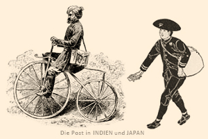 Zeichnung: Inder auf Holzfahrrad und Japaner zu Fuß unterwegs - 1890