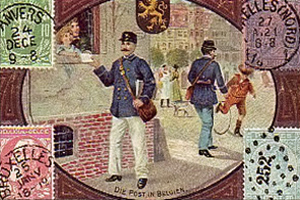 gemalte Karte: Postbote reicht Brief von Straße aus durch Fenster - 1900