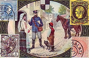 gemalte Karte: Postbote übergibt Frau einen Brief auf der Straße - 1900