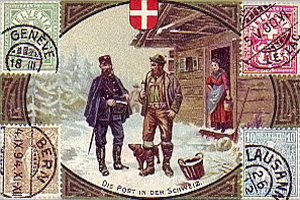 gemalte Karte: Postbote übergibt Mann einen Brief im Schnee vor Hütte - 1900