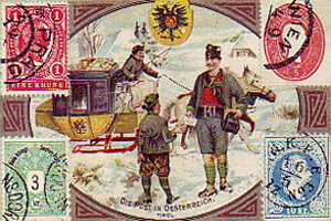 gemalte Karte: : Postbote übergibt Knaben einen Brief im Schnee; dahinter Schlittenpost - 1900