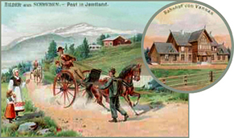 gemalte Karte: Postbote mit Tornister zu Fuß unterwegs auf Bergstraße - 1905
