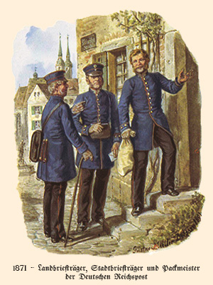 Farblitho: 3 Postangestellte vorm Eingang einer Poststelle - 1871