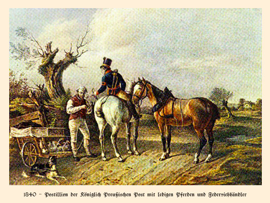 Farblitho: Postillion mit Pferden und Federviehhändler