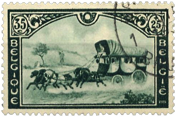 Briefmarke: Fünfspänner-Postkutsche mit drei Kabinen