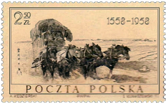 Briefmarke: Vierspänner-Postkutsche auf Feldweg