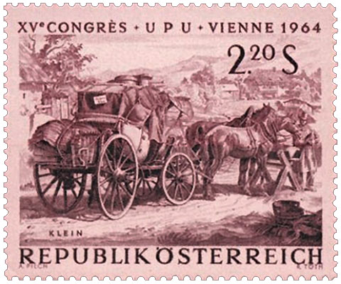 Briefmarke): Kutschenstop an Posthalterei zum Tränken der Pferde