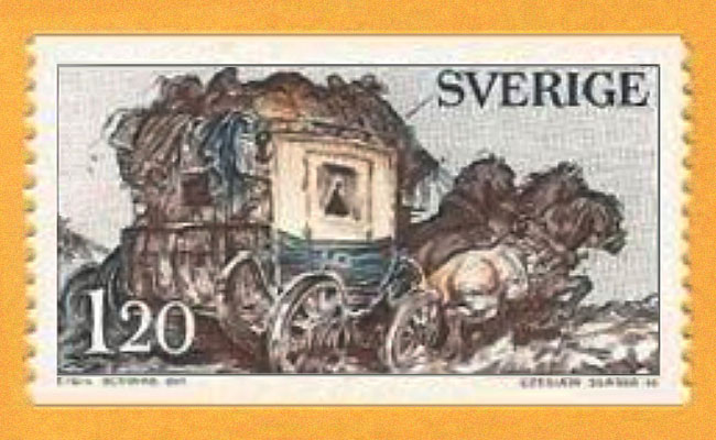 Briefmarke: voll beladene Dreispänner- Postkutsche