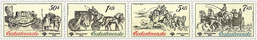 Briefmarken: vier verschiedene Postkutschenszenen
