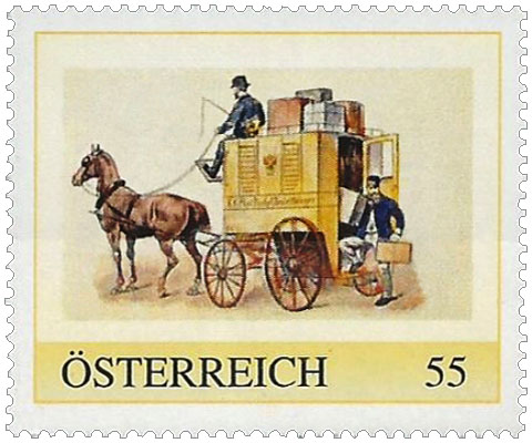 österreichische Briefmarke (2008): Einspänner-Postwagen liefert Pakete aus