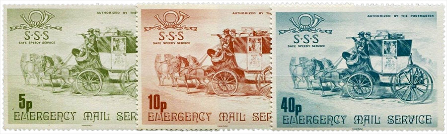 Briefmarkensatz: gleiches Postkutschenmotiv, verschiedenfarbig je Porto