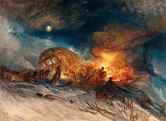 Gemälde: Postkutsche steckt im Schnee fest, Reisende wärmen sich am Feuer