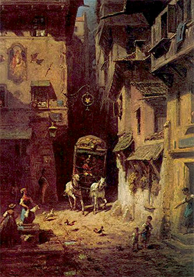 Gemälde: Postkutsche holpert über enge Gassen durch die Stadt - 1880
