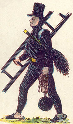 alte Illustration: Kaminfeger mit Leiter und Arbeitsgeräten unterwegs