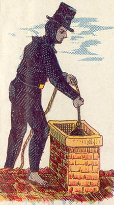 alte Illustration: Kaminkehrer lässt Kugel in den Schornstein hinab