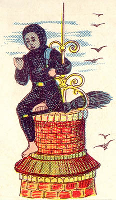 alte Illustration: Kaminfeger auf einer Turmspitze