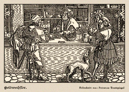 Holzschnitt: 3 Herren u. Hund in einer Wechselstube - 1532