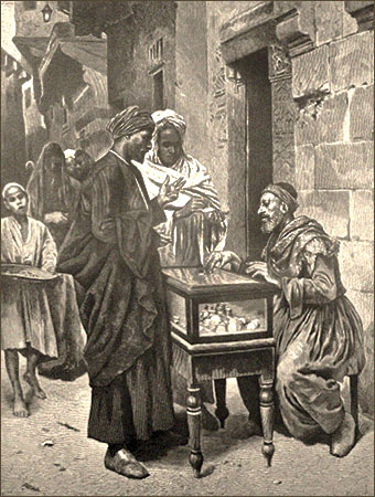 sw Gemäldefoto: 2 Männer mit Turban verhandeln mit an verglastem Geldtisch sitzenden Wechsler - 1879