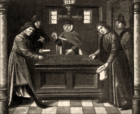 Buchmalerei (sw): 5 Geldwechsler aus Florenz im Disput am Wechseltisch - 14. Jh
