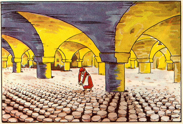 illu: viele runde Käselaibe liegen auf dem Boden eines Gewölbekellers