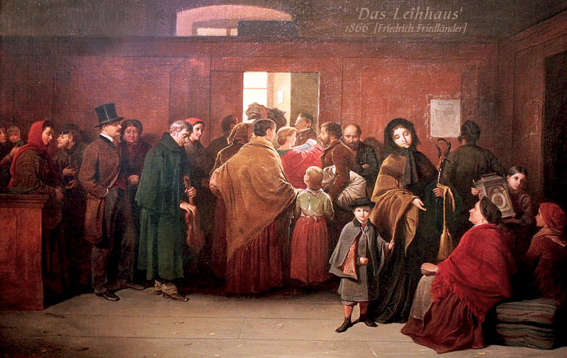 Gemälde: viele Wartende mit ihren Pfändern im Leihhaus-Vorraum - 1866