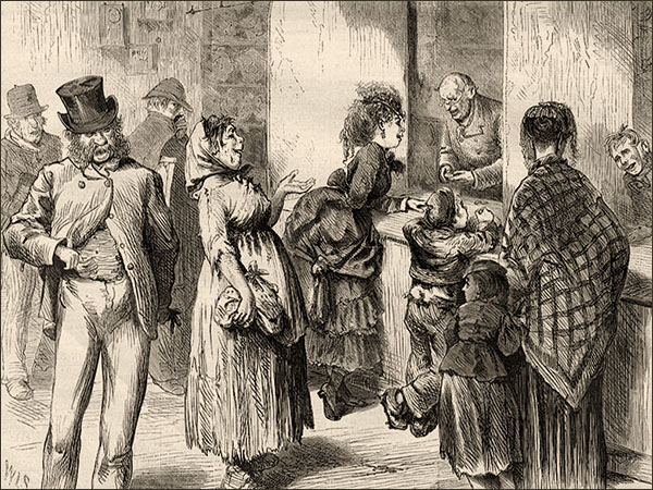 Zeichnung: Leute stehen beim Pfandleiher Schlange - 1871, Engl.