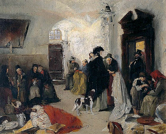 Gemälde: viele Wartende im Vorraum einer Pfandleihe - 1873