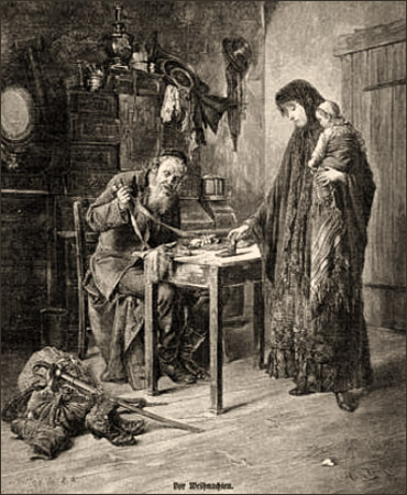 Holzstich: arme Frau mit Baby versetzt Habseligkeiten beim Lombard - 1885