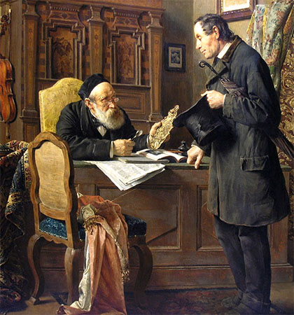 Gemälde: Pfandleiher nimmt goldenen Kerzenhalter eines Herrn unter die Lupe - 1886, Österr.