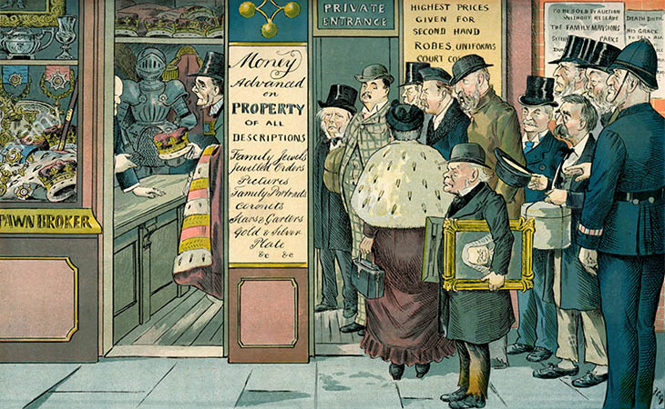 Cartoon: arme Reichen stehen im Pfandhaus Schlange - 1894, Engl.