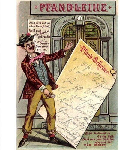 Humor-Postkarte: Herr mit übergroßem Pfandschein und Vers - 1902