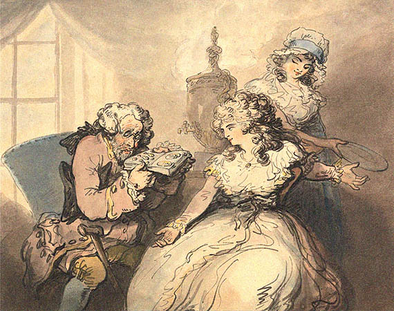 aquarell. Zeichnung: Verleiher begutachtet Schmuck junger Ladys - 1800, Engl.