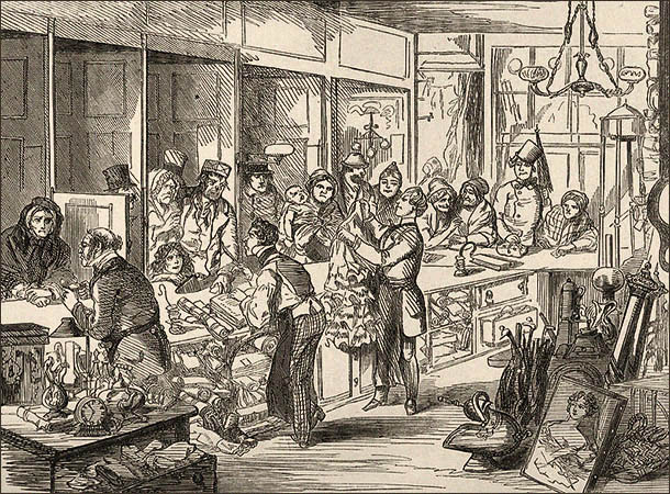 Zeichnung: großer Andrang im Pfandhaus - 1859, Engl.