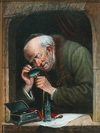 Gemälde: alter Lombart prüft Schmuck mit Lupe - 1870