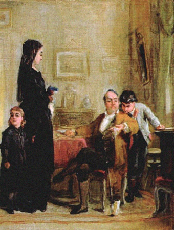 Gemälde: Verleiher betrachtet mit skeptischem Blick Schmuck einer Witwe - 1875