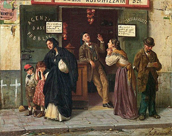 Gemälde: Arme Leute vor geschlossenem Pfandhaus - 1875, Italien