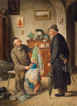 Gemälde: Alter zeigt jüd. Verleiher diverse Habseligkeiten - 1880, Österr.