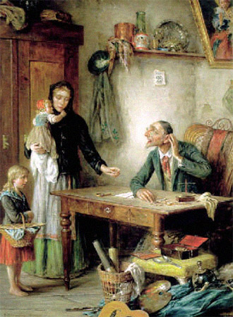 Gemälde: arme Frau mit Kindern will Taschenuhr versetzen - 1900