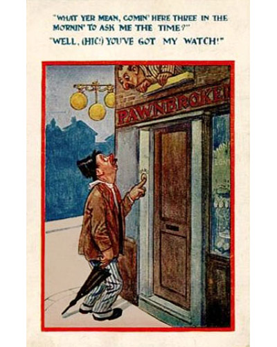 Humor-Postkarte: Mann klingelt nachts beim Pfandleiher - 1910, Engl.