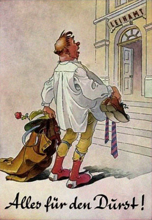 Humor-Postkarte: Mann in Hemd auf Socken mit Kleidung in Händen + Text: Alles für den Durst!