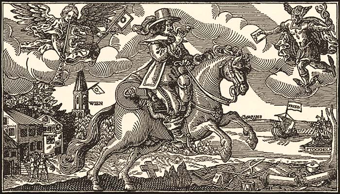Holzschnitt: Bote reitet vom Schlachtfeld aus über Land - 1648