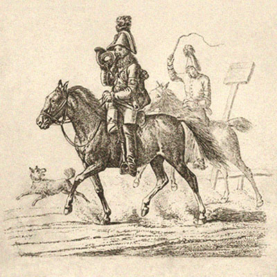 Kohlezeichnung: 2 Postpferde mit Boten im Staub aufwirbelndem Galopp - 1817