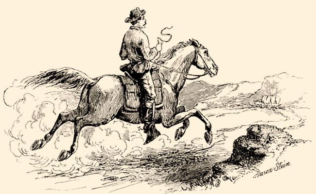 Federzeichnung: Reiter der Poststafette beim Durchqueren der Prärie - 1881
